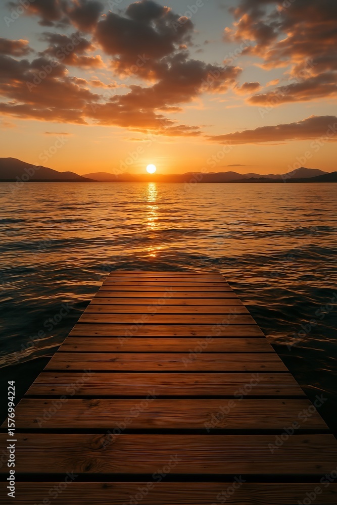 Obraz premium A beautiful and calming sunset over a lake, viewed from a wooden pier leading towards the horizon.