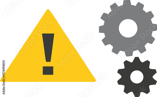 Warning sign and gears symbolizing industrial danger or a mechanical problem