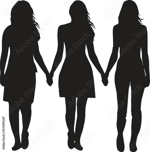 Strong women and girls different nationalities and cultures stand together near the big letters of the word Women.