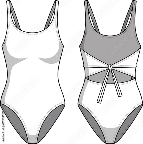 One piece swimsuit front and back view, technical flat sketch, back knot design, cad vector template for fashion illustration