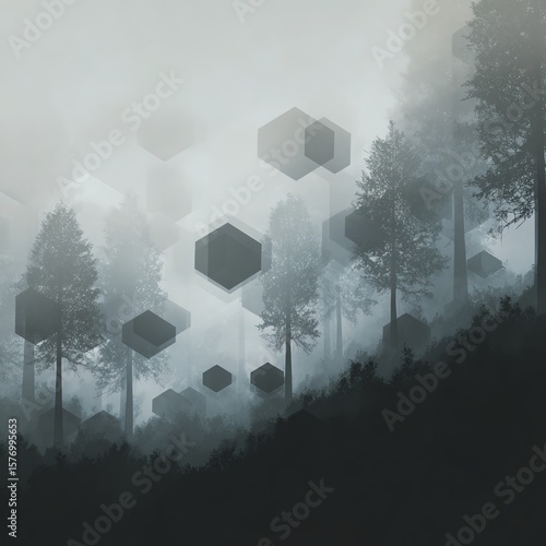 A misty forest scene with tall trees and dark foliage, overlaid by translucent geometric hexagons creating a surreal and abstract atmosphere.
