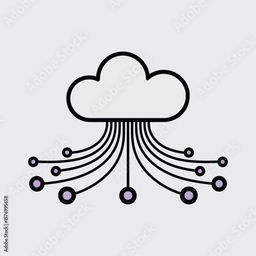 Abstract Lavender and Black Cloud Computing Network Graphic Minimalist Server Data Transfer Lines Connected to Central Cloud Server Digital Data Network Illustration Featuring
