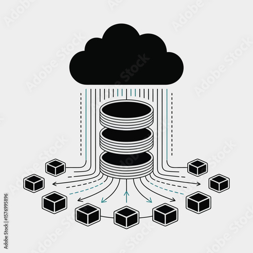 Abstract Minimalist Graphic Teal Lines Arrows Illustrating Data Transfer Black Cloud Server Database Cubes