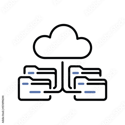 Abstract Network Tree Structure Illustrating Cloud Storage System Data Files Connected to a Cloud Server Folders with Teal Purple and Blue Color Coded Labels