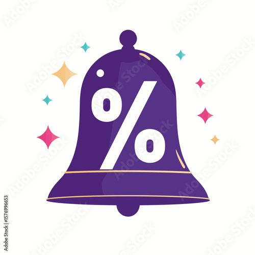 Purple bell icon with percentage symbol and colorful sparkles  