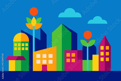 Vibrant Cityscape A Colorful Geometric Urban Landscape Illustration