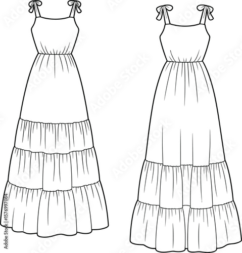 Women’s tiered maxi dress with shoulder tie straps, CAD fashion flat sketch, front and back view, vector garment design illustration