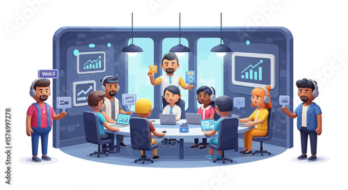 Group of business people at a Web3 meeting, discussing financial growth strategy, and brainstorming in a collaborative workspace.