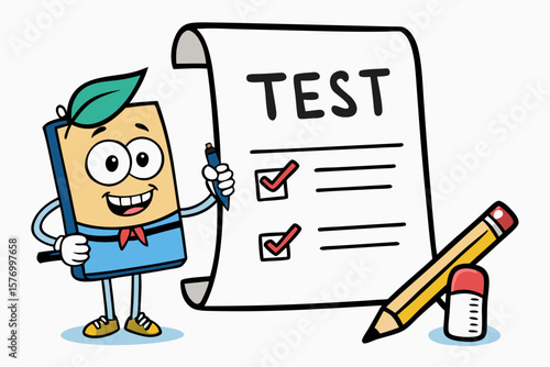 Cartoon Book Character Pointing at Completed Test – Smiling Figure with Check Marks, Pencil, and Eraser