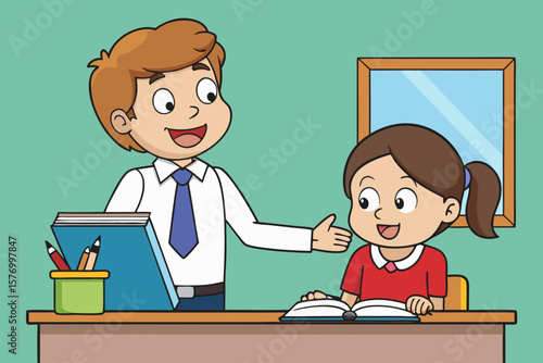 Illustration of Teacher Assisting Student at Desk with Books and Stationery – Classroom Learning and Educational Support Concept
