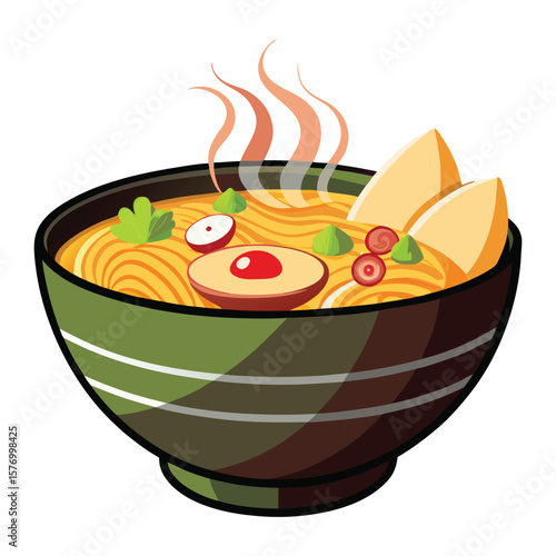 Delicious steaming bowl of ramen noodles with toppings