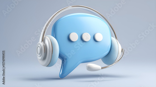 Chat Bubble Communication: A 3D rendering of a chat bubble with a headset, embodying communication, customer service, and support.
