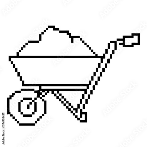 Wheelbarrow loaded with dirt is parked, in a black pixel outline