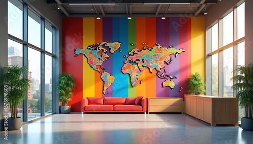Spacious office lobby with large window offering city view. Vibrant red couch against back wall, wooden desk, colorful world map mural above. Wooden floor, potted plants create harmonious blend of