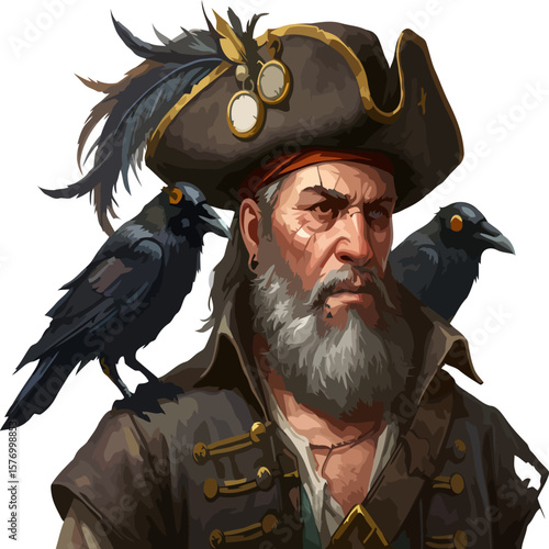 Intricate pirate captain portrait with raven companions rendered in high detail illustration