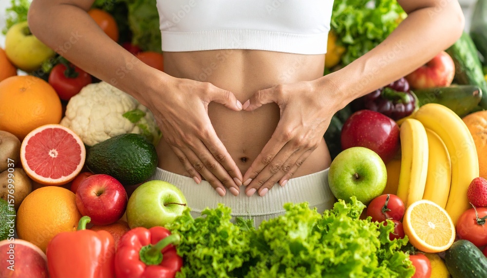 Healthy woman forming a heart shape on her stomach with fresh colorful fruits and vegetables surrounding her in a vibrant and natural setting for wellness and nutrition concept Healthy woman forming a heart shape on her stomach with fresh colorful fruits and vegetables surrounding her in a vibrant and natural setting for wellness and nutrition concept