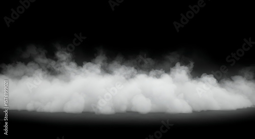 A high-definition, ethereal photograph of dense, white-gray smoke mist gracefully settling and accumulating along an unseen horizontal plane, simulating a stage floor