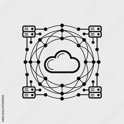 Black and Purple Vector Graphic Depicting Centralized Cloud Computing Network Servers Connected to a Cloud via Interconnected Nodes in a Circular Network