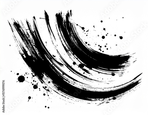 Abstract black paint strokes and ink splatters on white background, modern expressive art design with dynamic brushwork, creative and artistic visual composition