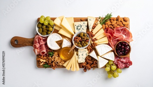 Gourmet cheese platter with a variety of cheeses, fresh grapes, almonds, walnuts, slices of cured meats, honey, and herbs arranged on a wooden cutting board for sharing and snacking