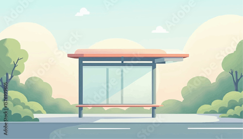 Modern Bus Shelter with Glass Walls Surrounded by Green Trees and Soft Clouds in Bright Daylight