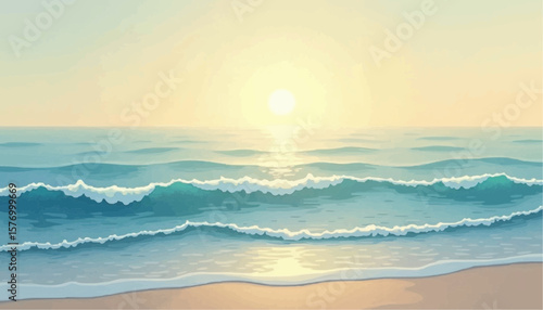 Serene Beach Scene with Calm Waves and Sunset Sky in Soft Pastel Colors