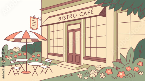 Illustration of a charming bistro cafe with outdoor seating and floral landscaping design style