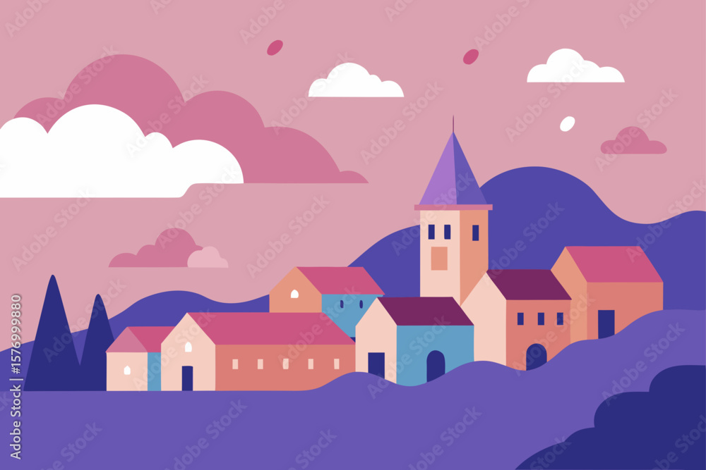 Naklejka premium Charming cartoon illustration of a colorful whimsical cityscape with buildings and plants isolated on white background isolated on transparent background