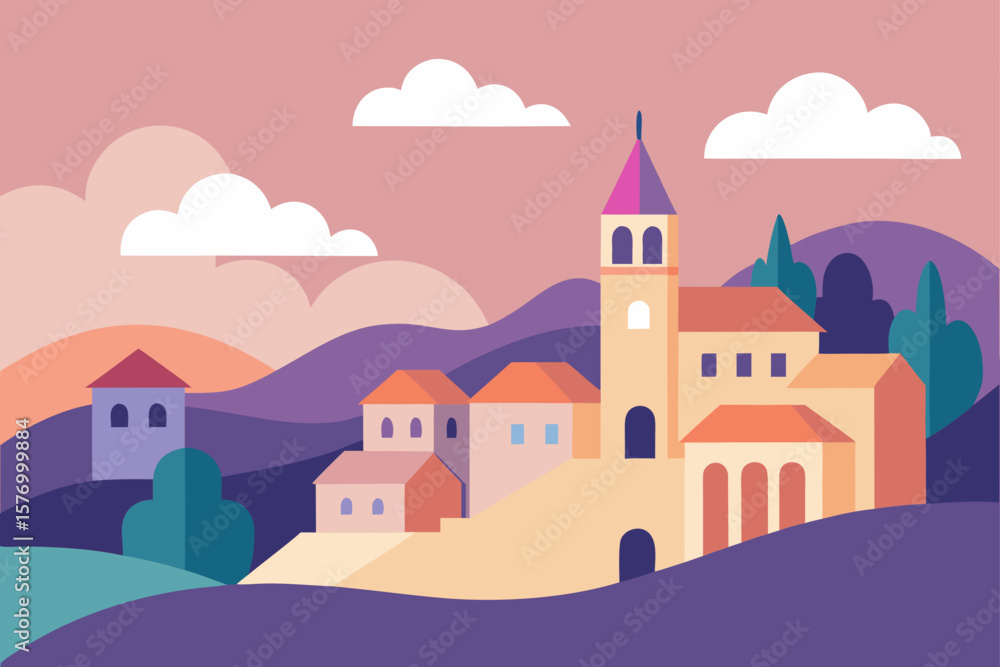 Naklejka premium Charming cartoon illustration of a colorful whimsical cityscape with buildings and plants isolated on white background isolated on transparent background