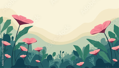 Stylized Pink Flower Garden Landscape with Green Foliage and Soft Background