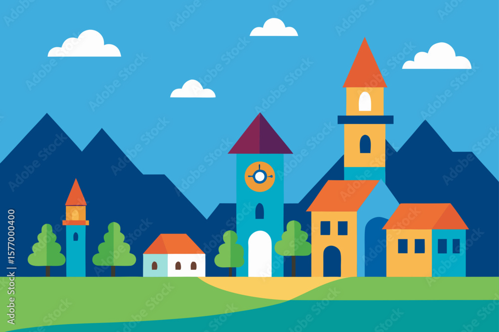 Naklejka premium Charming cartoon illustration of a colorful whimsical cityscape with buildings and plants isolated on white background isolated on transparent background