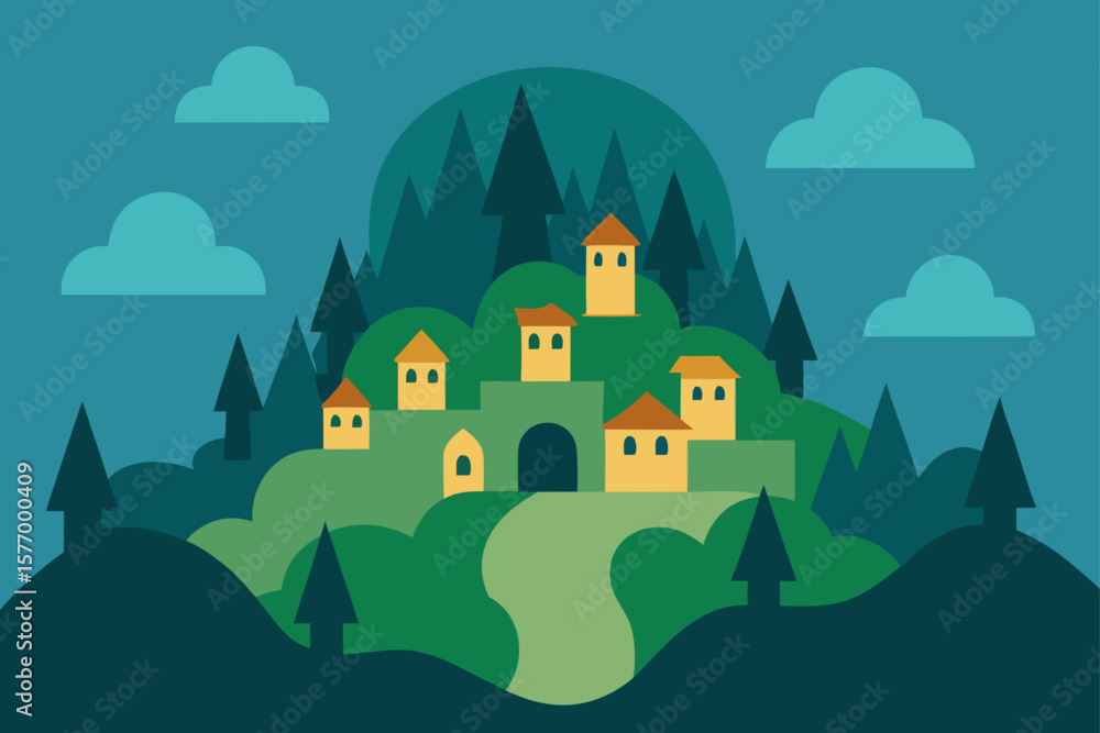 Naklejka premium Charming cartoon illustration of a colorful whimsical cityscape with buildings and plants isolated on white background isolated on transparent background
