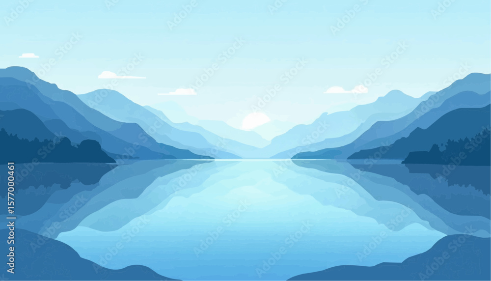 Serene Mountain Lake Landscape with Blue Hues and Calm Water Serene Mountain Lake Landscape with Blue Hues and Calm Water