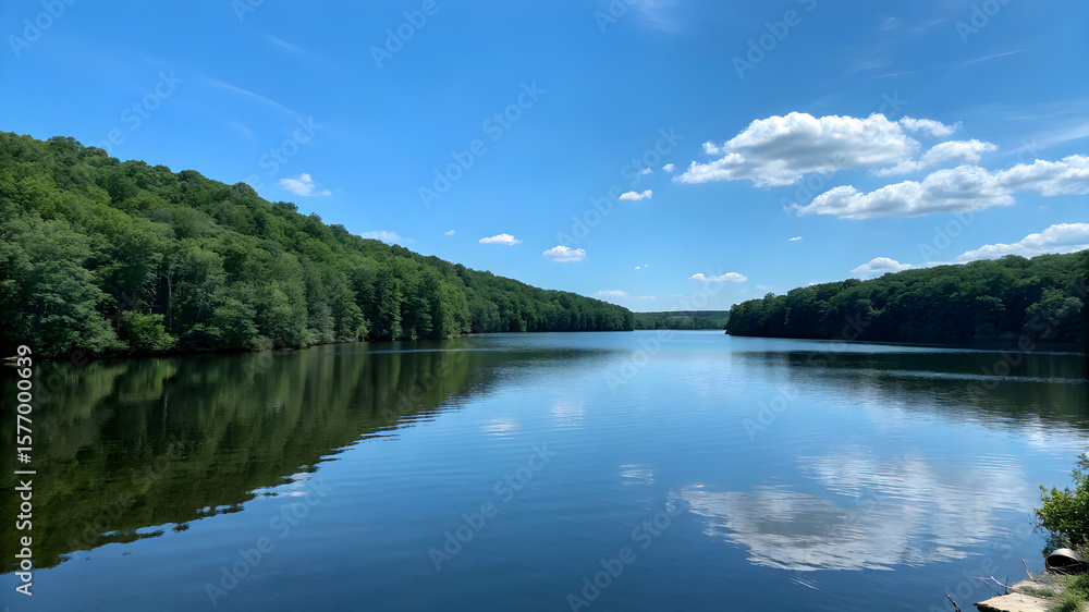 Fototapeta premium A tranquil lake surrounded by vibrant trees and a bright blue sky, showcasing a peaceful outdoor scene