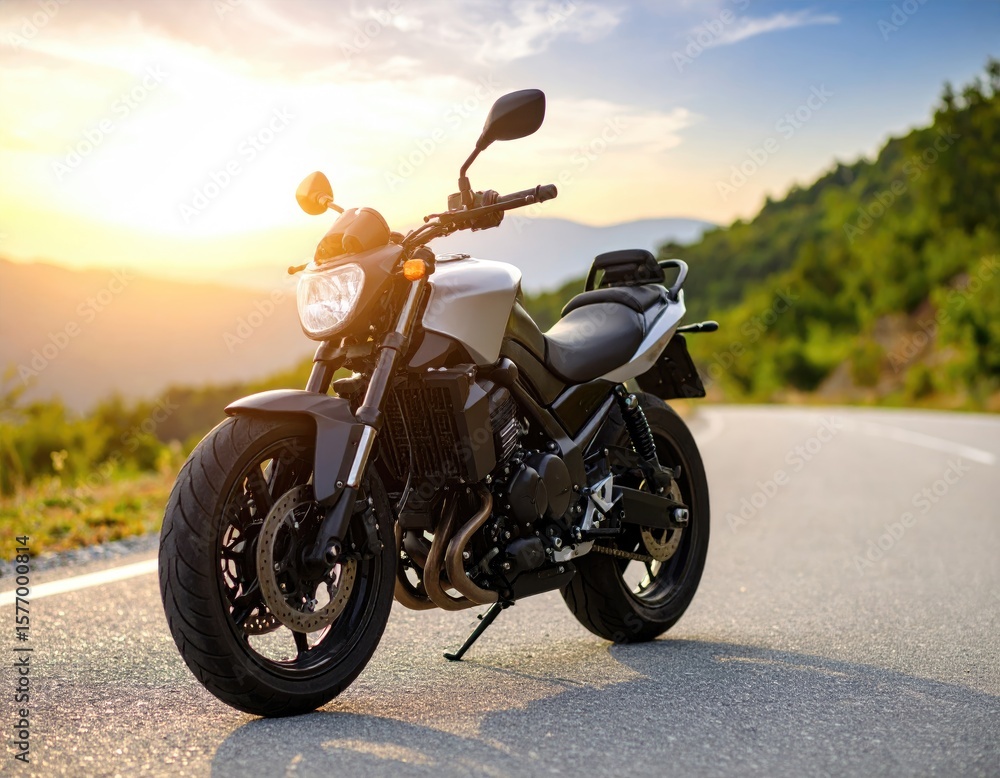Obraz premium Motorcycle on scenic road at sunset