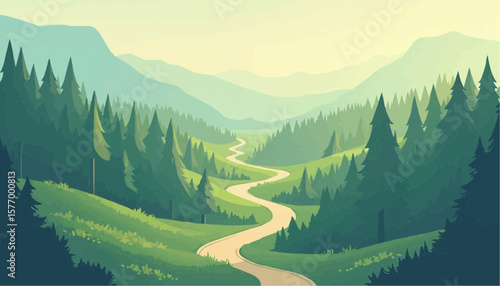 Serene Green Forest Landscape with Winding Path in Mountain Valley