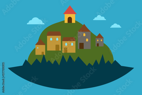 Charming Hilltop Village A Picturesque Illustration of Tranquil Countryside Life