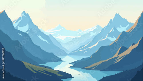 Scenic Mountain Landscape with Snow-Capped Peaks and Calm River in Soft Pastel Colors