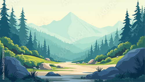 Serene Mountain Landscape with Forest and Stream in Digital Illustration Style