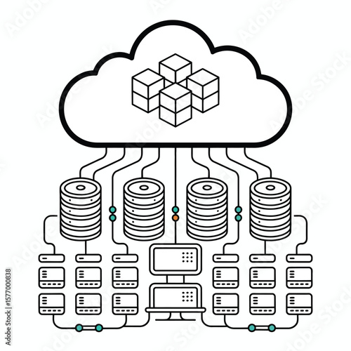 Black and white line art illustration depicting a cloud computing system a cloud icon connected to multiple database servers and computer monitors via interconnected lines