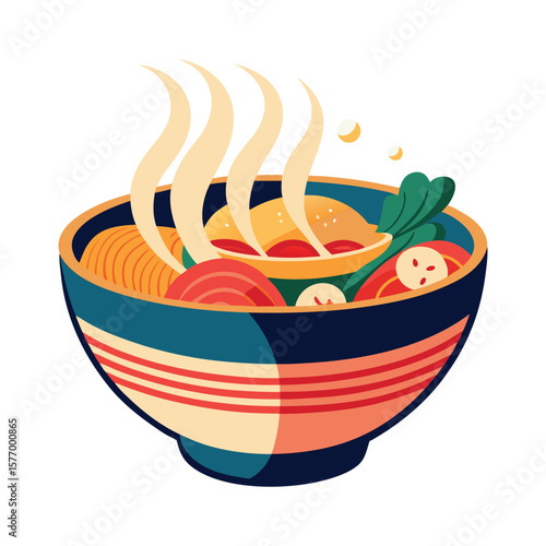 Steaming bowl of delicious noodle soup with fresh ingredients