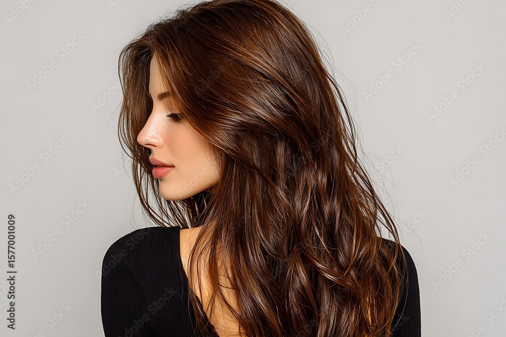 Naklejka premium Back-View Of Extra-Long, Naturally Wavy Hair In Deep Chocolate Brown, Styled With Soft Curtain Layers. The Hair Flows Gently Down The Back, Showing Natural Volume And Wave Patterns. The Light Catc