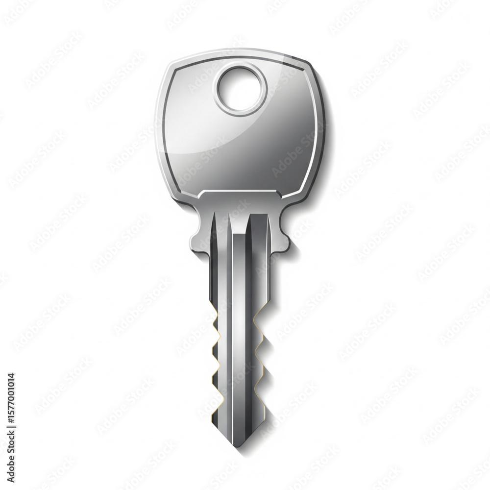 A metallic key, rendered in a realistic style, isolated against a white background. A metallic key, rendered in a realistic style, isolated against a white background.