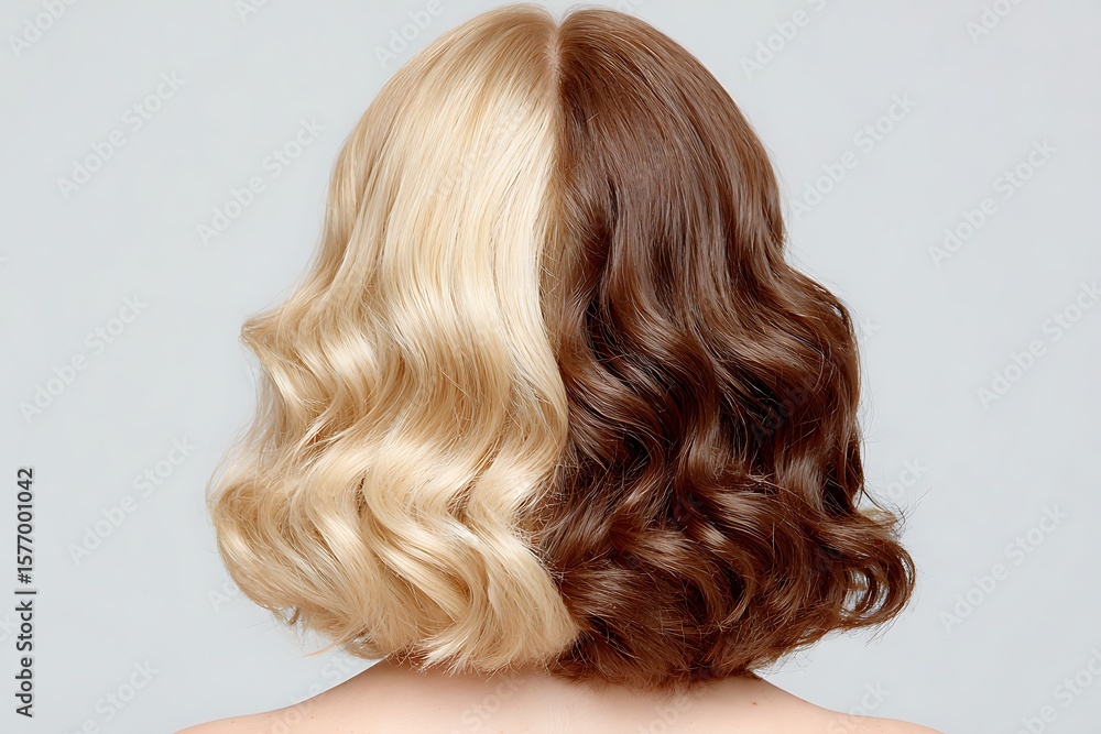 Naklejka premium Hair Is Split Perfectly Down The Center, With One Side Golden Blonde And The Other Rich Chocolate Brown. The Curls Are Shiny
