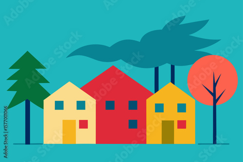 Charming Suburban Homescape Colorful Houses and Lush Greenery Illustration