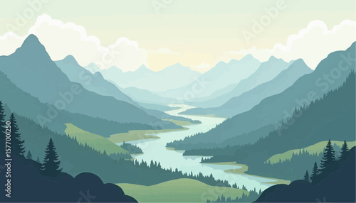 Serene Mountain Landscape with Rolling Hills and Flowing River in Misty Green and Blue Tones