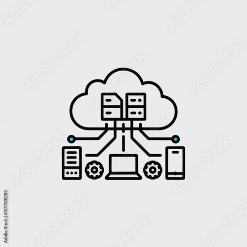 Black and white vector illustration of a cloud computing network architecture showing a cloud server connected to a laptop a smartphone and two data servers via lines and gears
