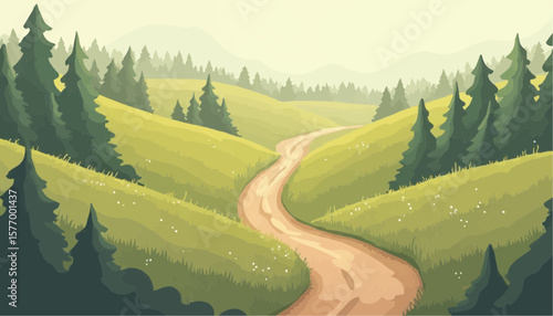 Serene Green Forest Landscape with Winding Dirt Path in Sunny Nature Scene