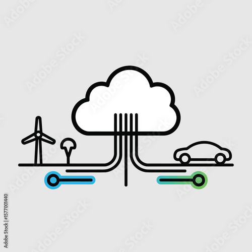 Black and white vector illustration of a large cloud data center connected to a wind turbine a small tree and a car via light blue and green lines symbolizing data transfer or