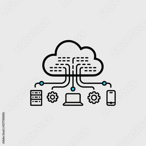 Black and White Vector Illustration of Cloud Computing Network Data Connections Showing a Cloud Server Laptop Smartphone and Server Rack